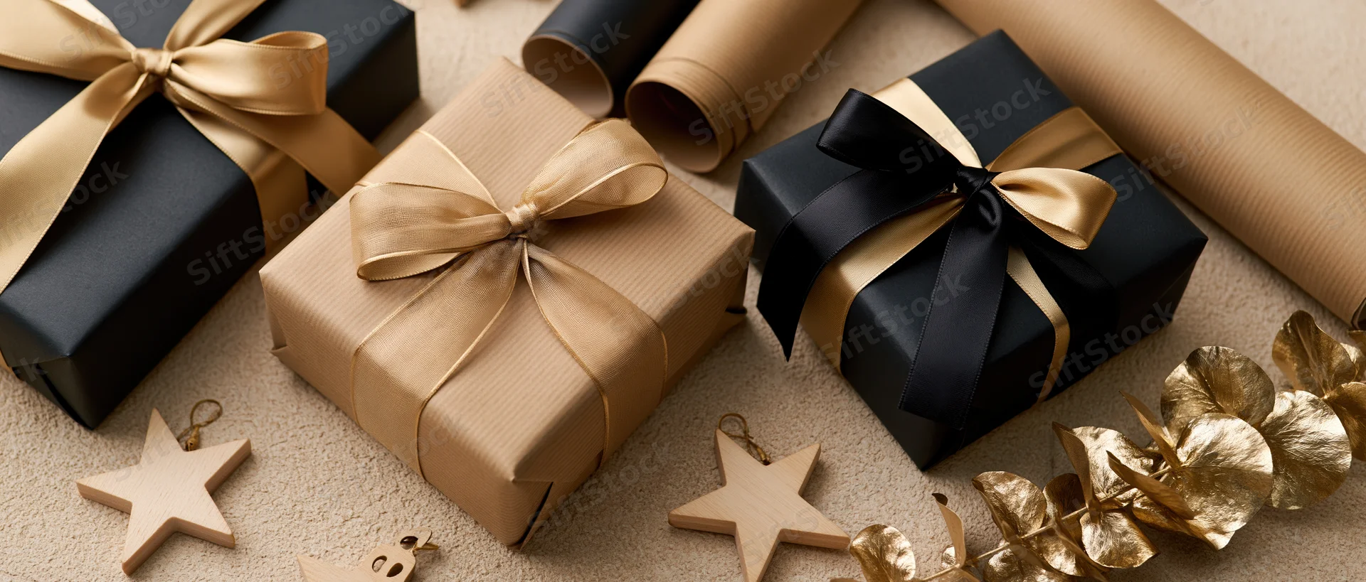 Three wrapped gift boxes with ribbons and decorative stars arranged on a beige surface in a flat lay composition