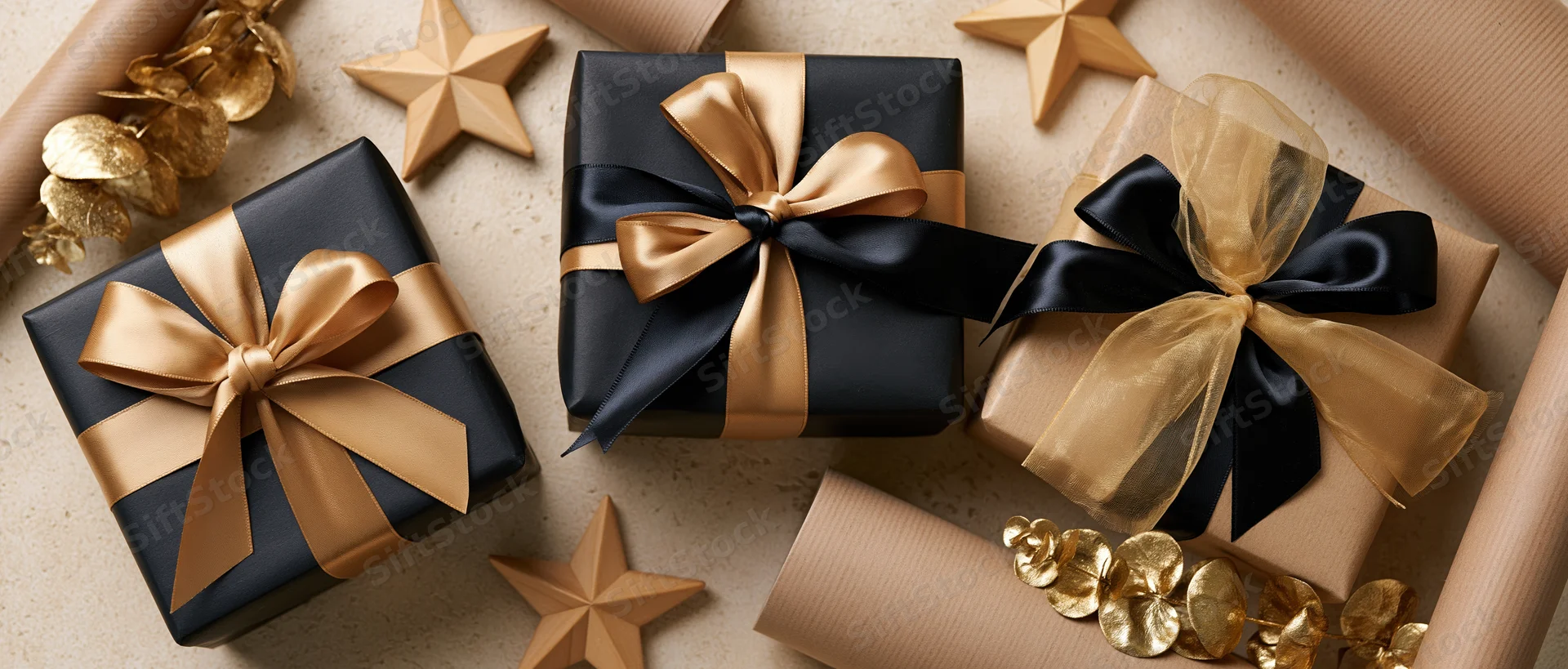 Three wrapped gift boxes with gold and black ribbons arranged on a flat surface with decorative stars and wrapping paper