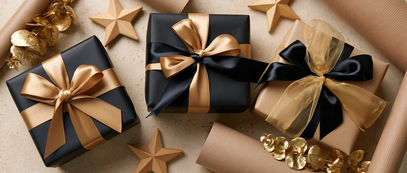 Three wrapped gift boxes with gold and black ribbons arranged on a flat surface with decorative stars and wrapping paper