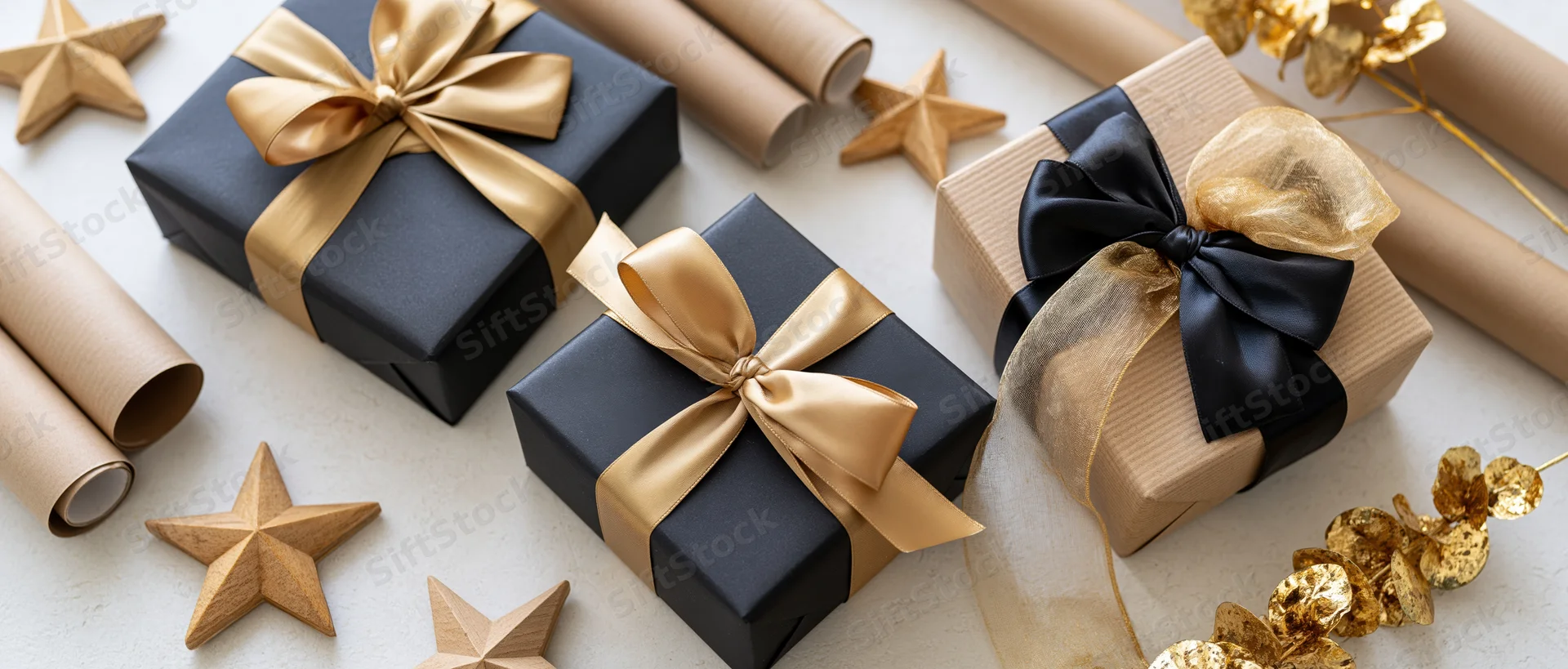Three gift boxes wrapped in black and kraft paper with gold ribbons arranged on a light surface with decorative stars and foliage