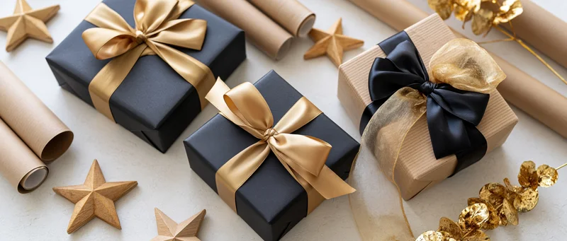 Three gift boxes wrapped in black and kraft paper with gold ribbons arranged on a light surface with decorative stars and foliage
