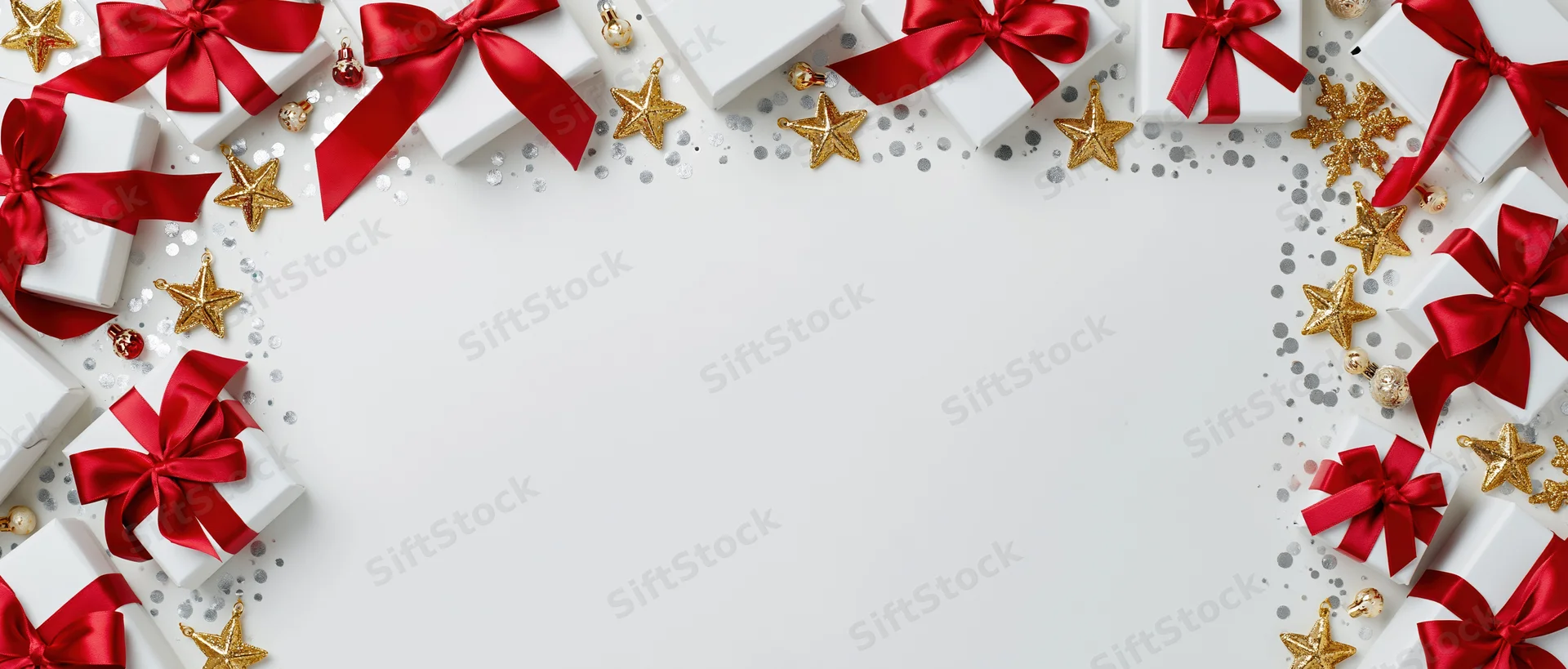 White gift boxes with red satin ribbon bows and gold stars arranged in a border around a blank white center