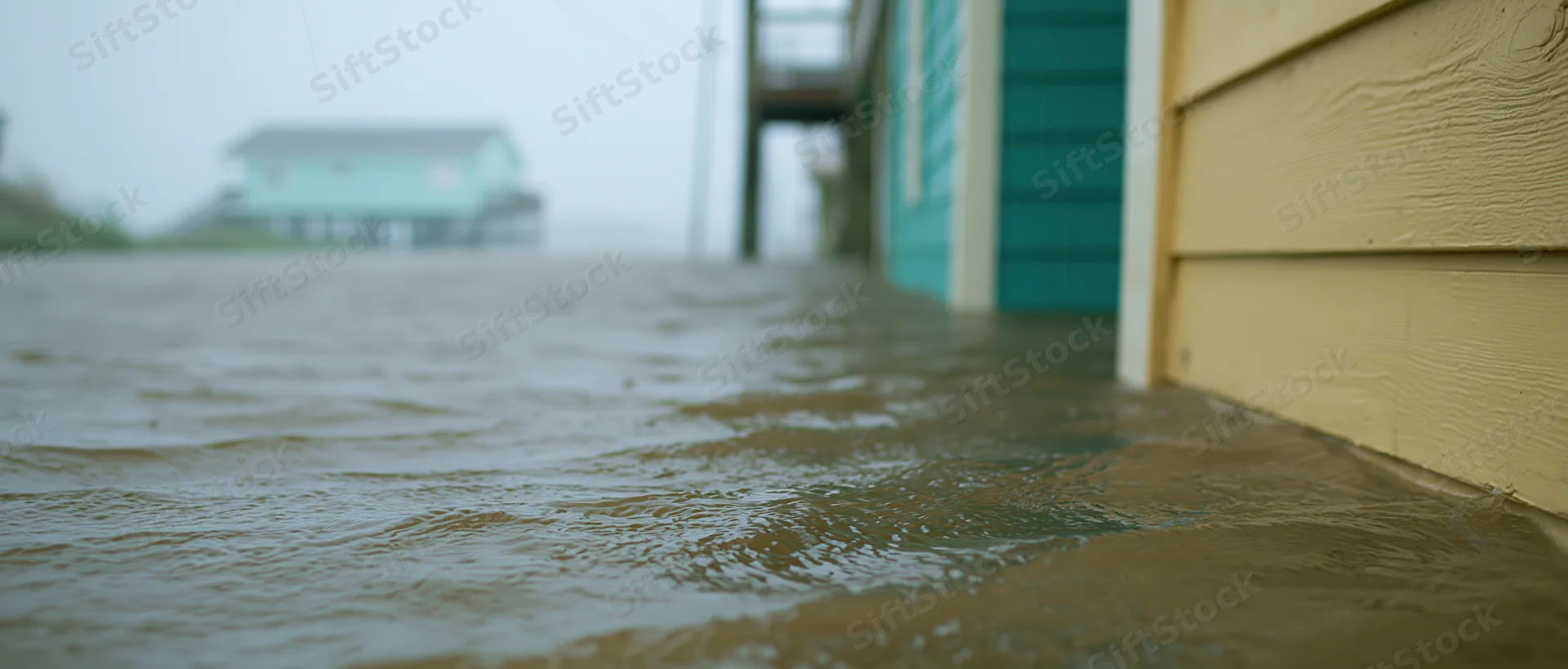 Floodwater rising along a coastal street near houses during a hurricane