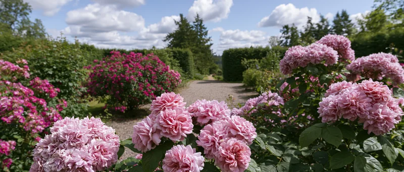 Pink roses in full bloom lining a gravel path in a formal garden