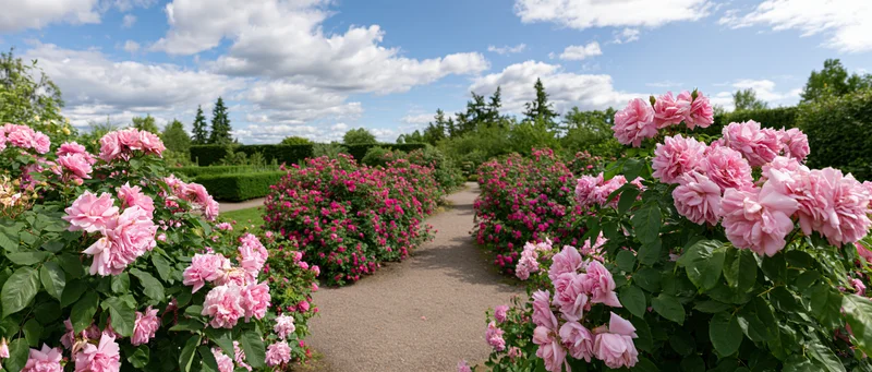Pink roses in full bloom lining a gravel pathway through a formal garden