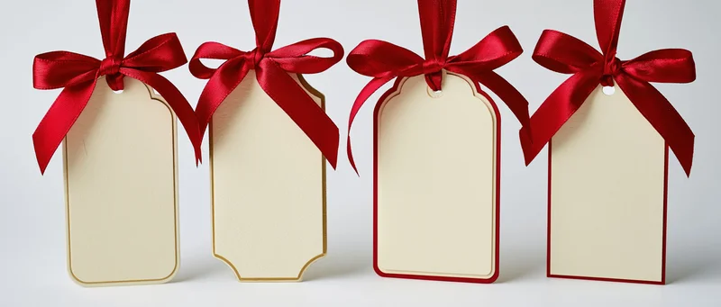 Four blank gift tags with red ribbons arranged in a row on white background