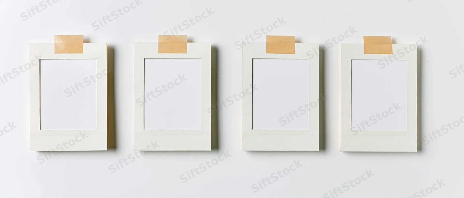Four blank white instant photo frames arranged in a row on a white wall