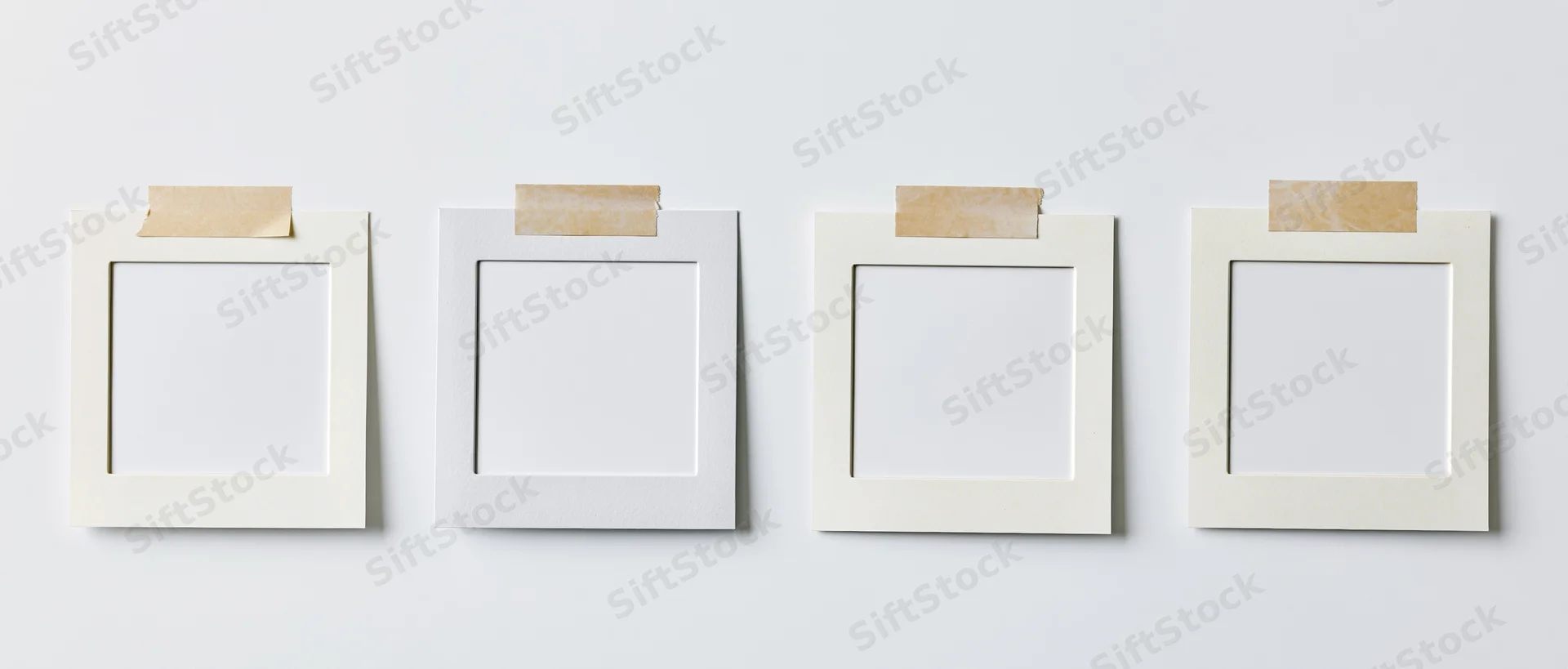 Four blank white instant photo frames arranged in a row on a plain wall