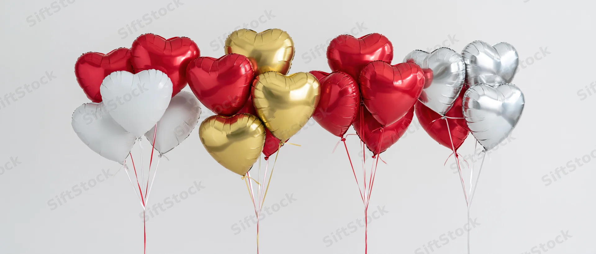 Four bunches of heart-shaped foil helium balloons in red, gold, silver and white arranged in a row against a plain background