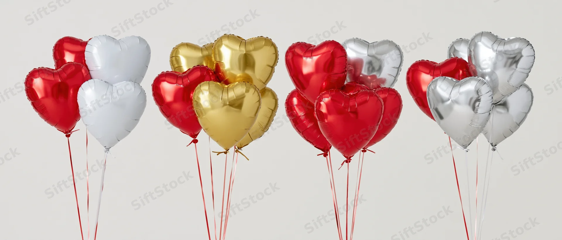 Four bunches of heart-shaped foil balloons in red, silver, gold and white arranged in a row against a plain background