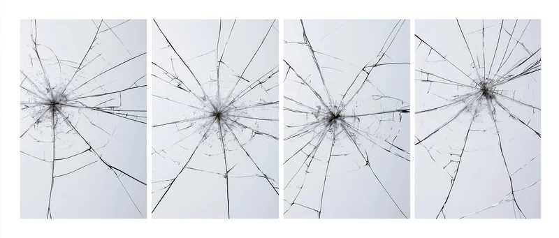 Four close-up views of cracked glass surfaces showing radial fractures from impact points