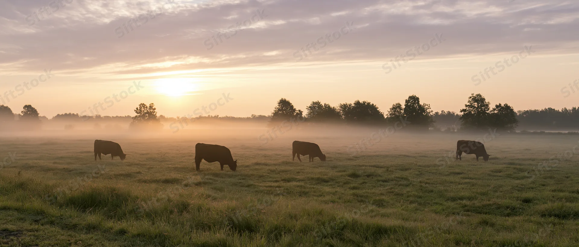 Four cows grazing in a misty pasture at sunrise