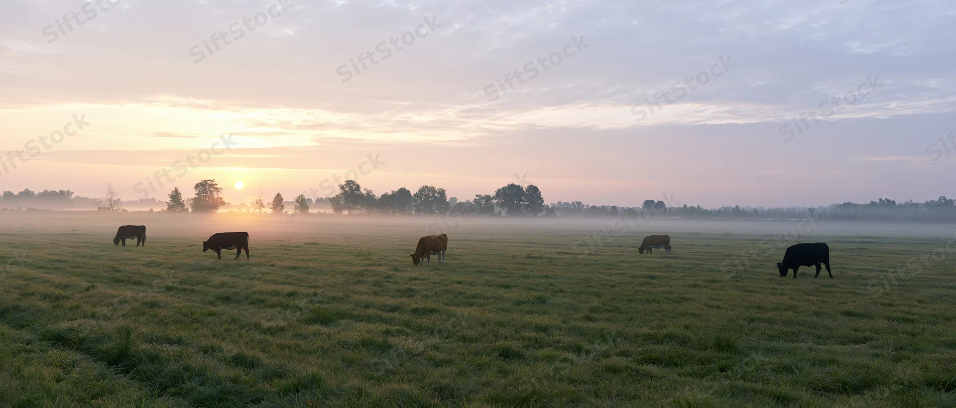Cows grazing in a wide dewy pasture at sunrise with fog over the field