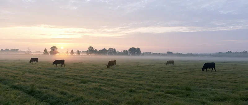 Cows grazing in a wide dewy pasture at sunrise with fog over the field