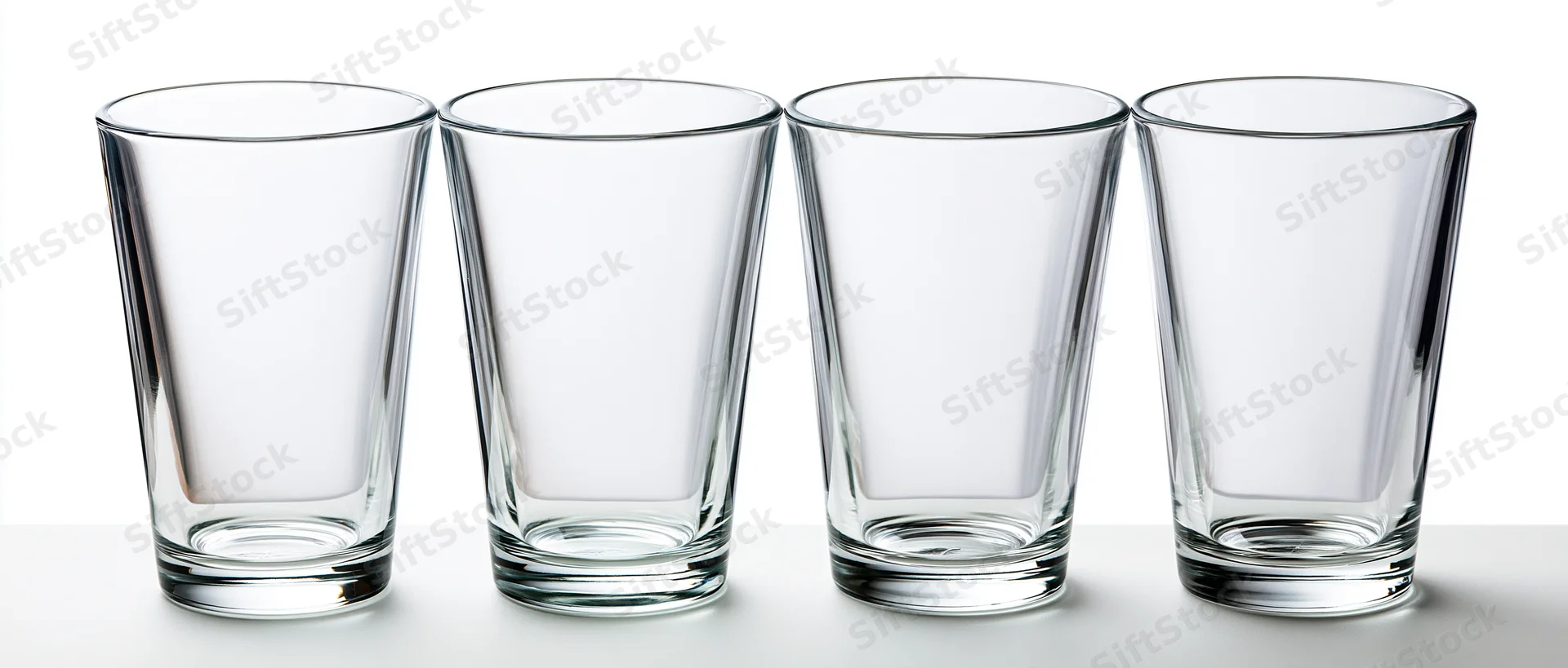 Four empty clear drinking glasses arranged in a row on a white surface