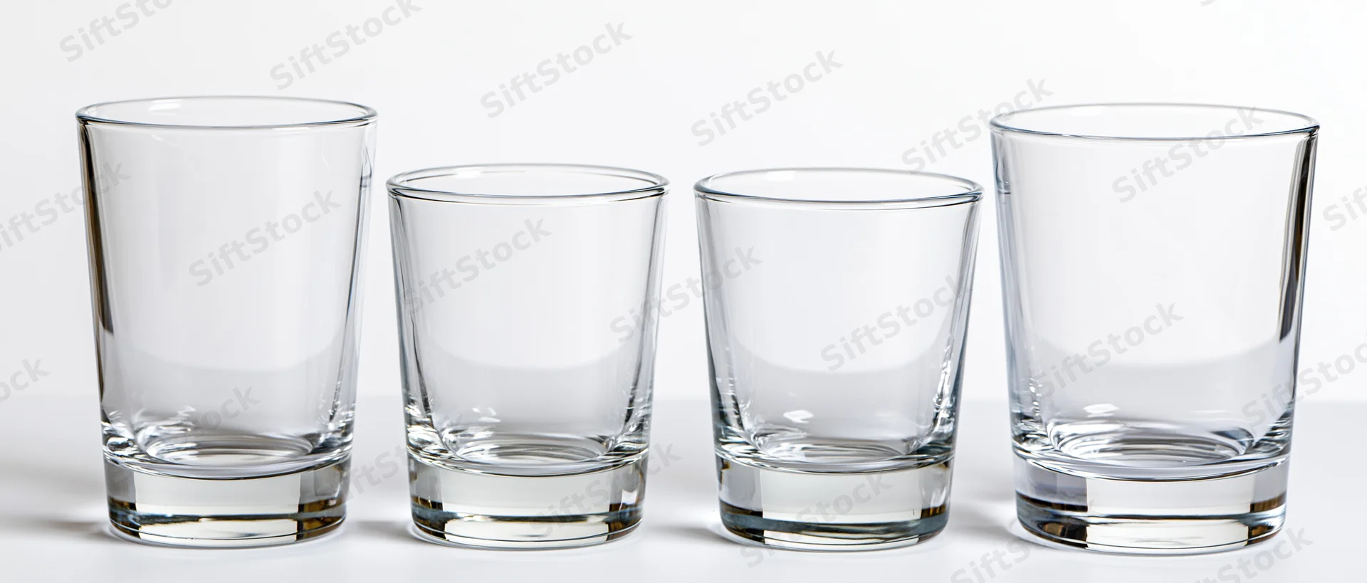 Four empty clear drinking glasses arranged in a row on a white surface