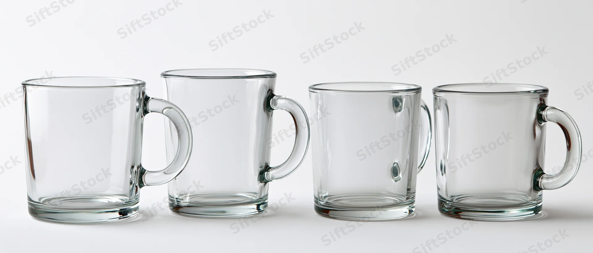 Four empty clear glass mugs arranged side by side on a white surface
