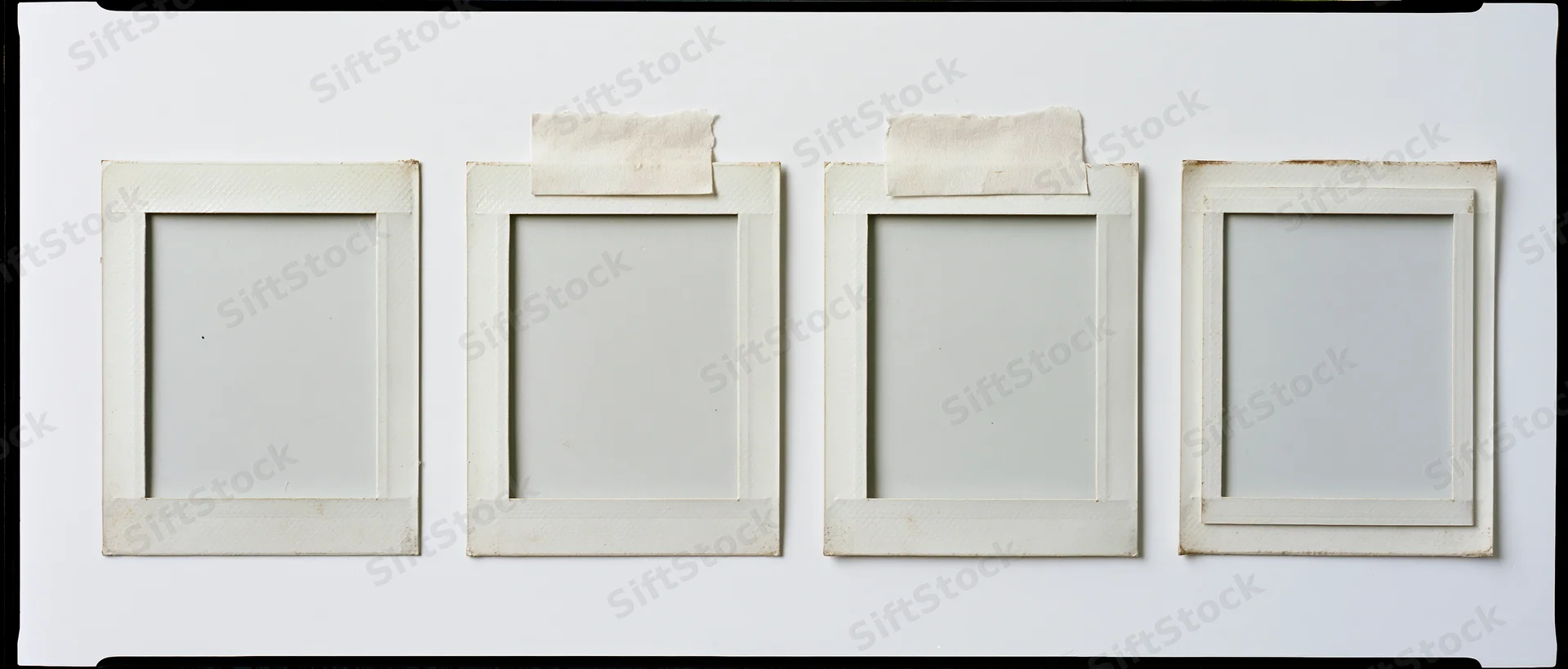 Four empty instant photo frames arranged in a row on a white surface