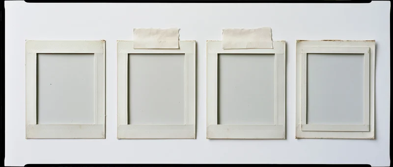 Four empty instant photo frames arranged in a row on a white surface