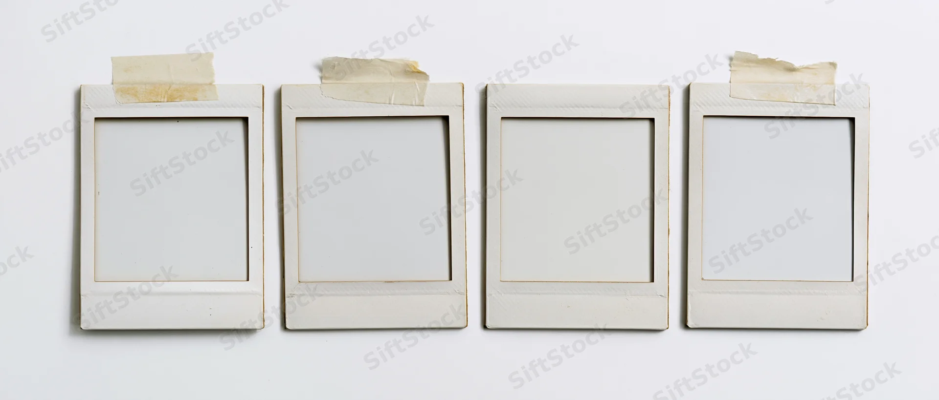 Four empty instant photo frames arranged in a row on a white surface