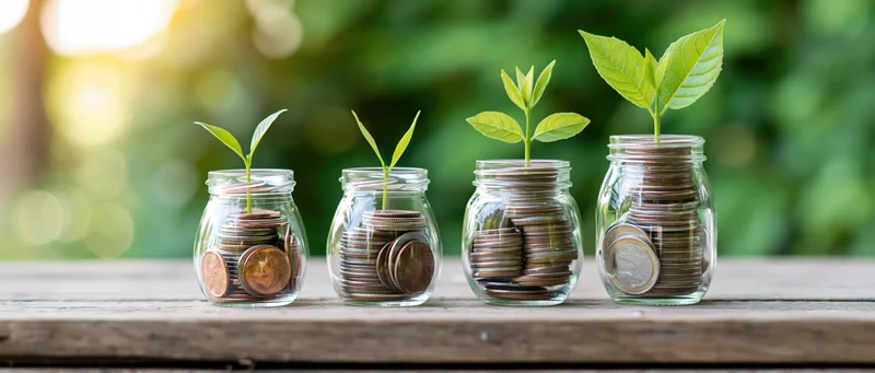 Four glass jars filled with stacked coins and growing green sprouts arranged in ascending order on a wooden surface outdoors