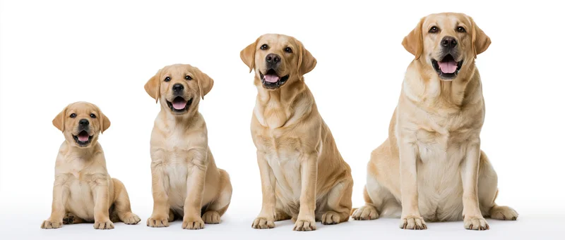 Four golden labrador retrievers sitting in a row by size from puppy to adult on white background