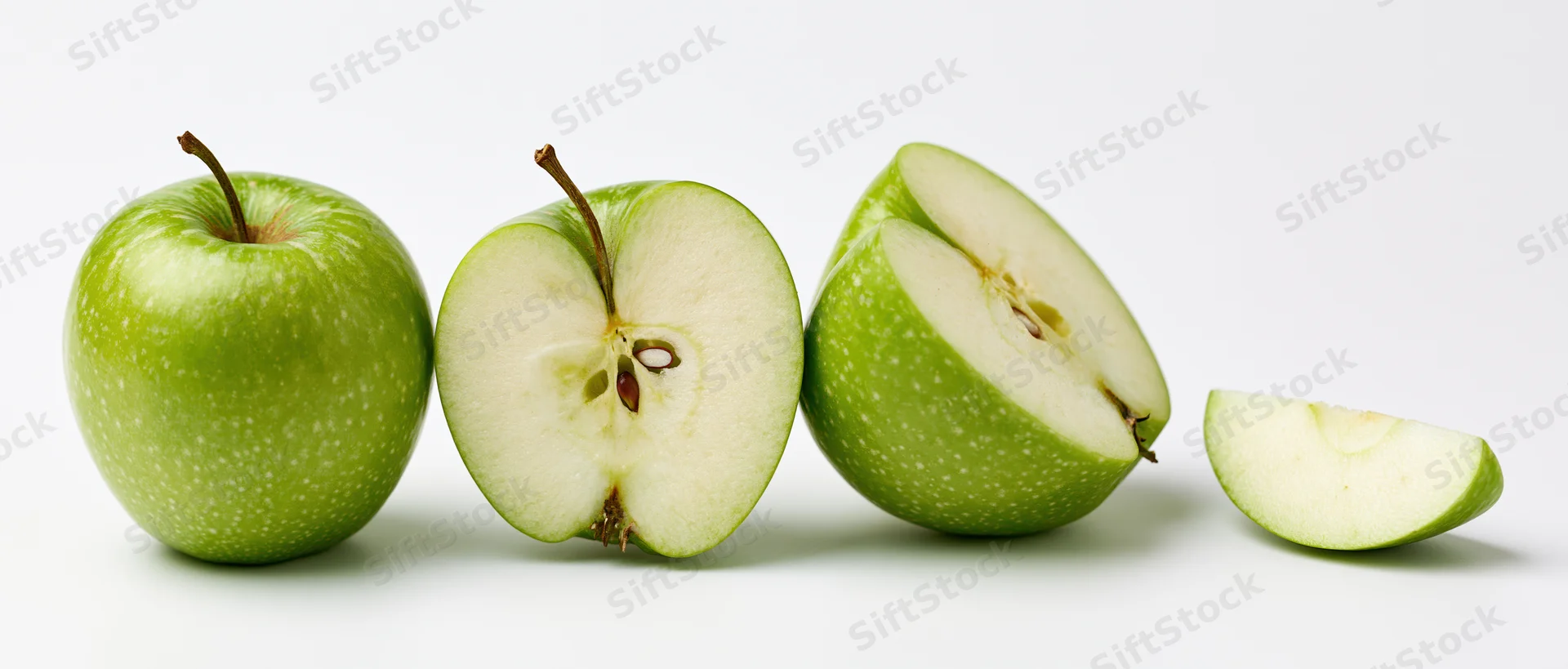Four green granny smith apples arranged in a row, whole and sliced, on a white background