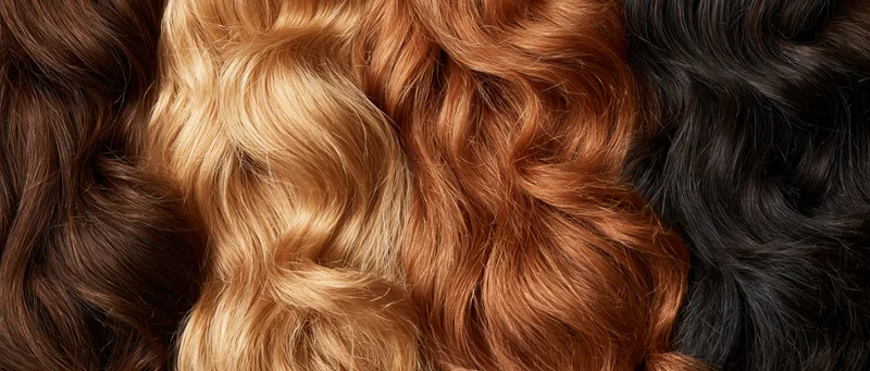 Four wavy hair color swatches arranged side by side showing blonde, brown, auburn and black tones