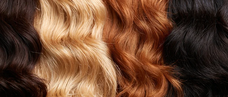 Four wavy hair color swatches arranged side by side showing blonde, brown, auburn and black shades
