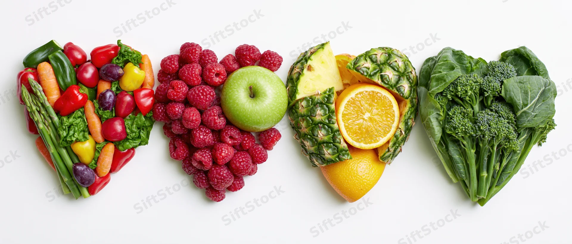 Four heart-shaped arrangements of fruits and vegetables in a row on white background
