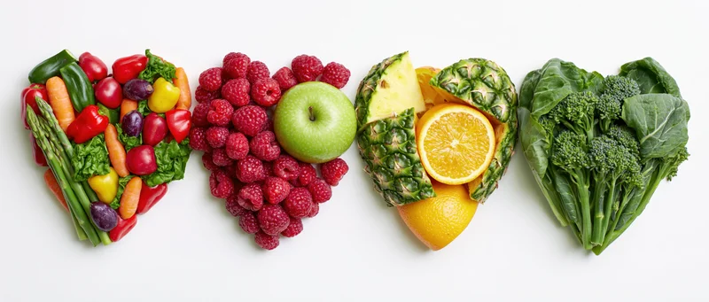 Four heart-shaped arrangements of fruits and vegetables in a row on white background