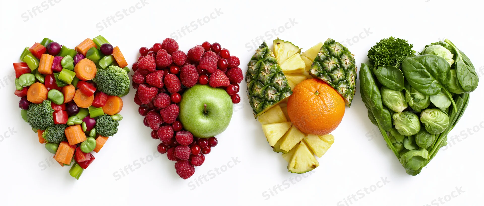 Four heart-shaped arrangements of fruits and vegetables on white background
