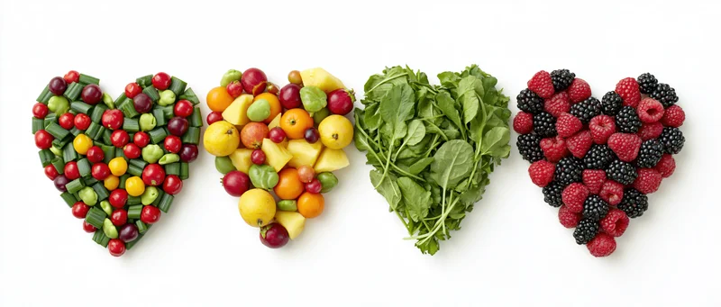 Four heart-shaped arrangements of fruits and vegetables on white background