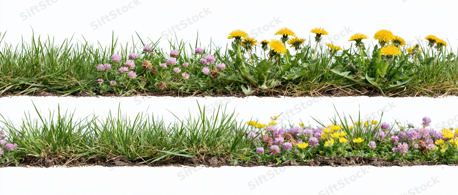 Horizontal strips of meadow grass and wildflowers arranged in rows on white background