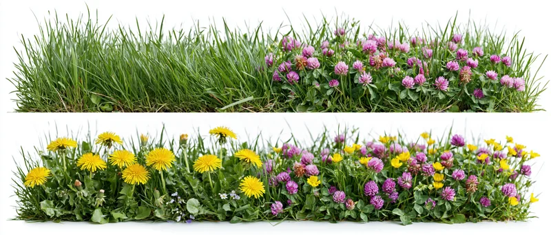 Horizontal strips of meadow grass and wildflowers including clover and dandelions isolated on white