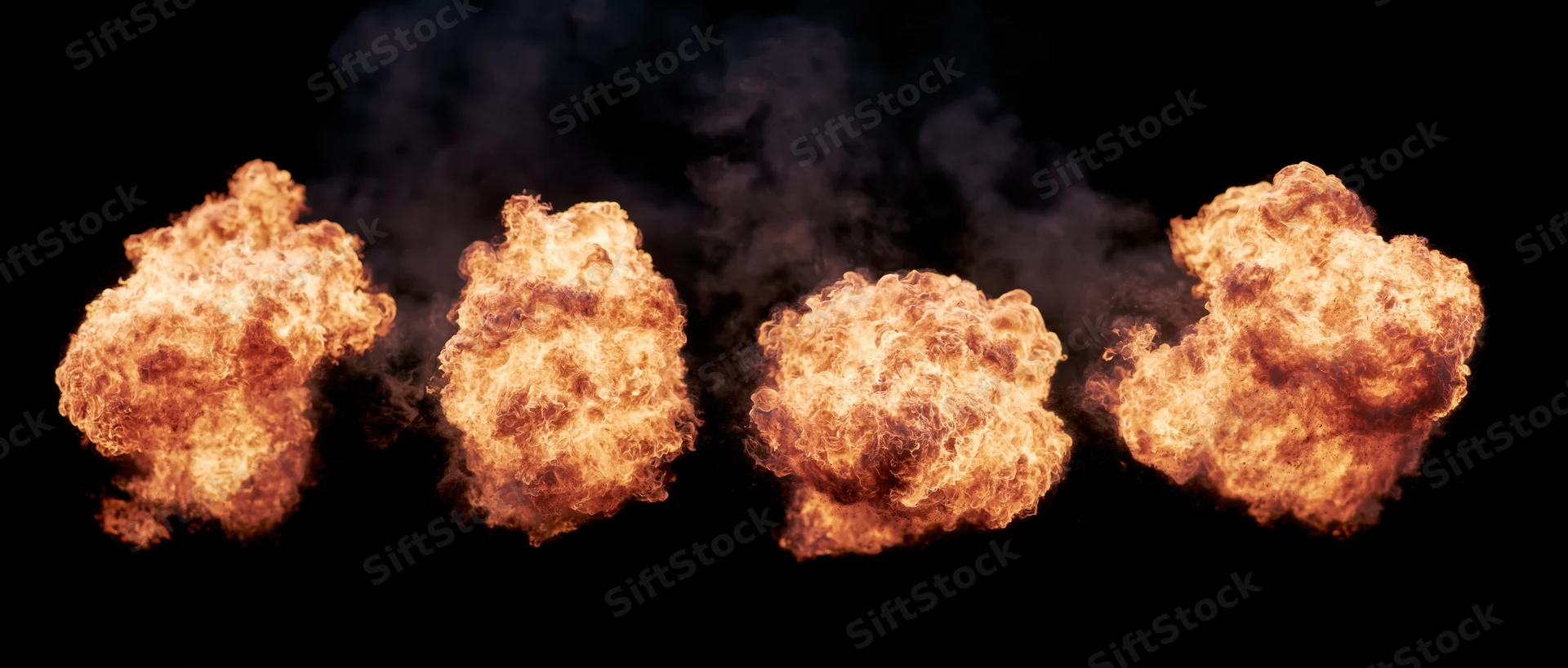 Four flame bursts in mid-explosion against a black background