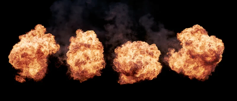 Four flame bursts in mid-explosion against a black background
