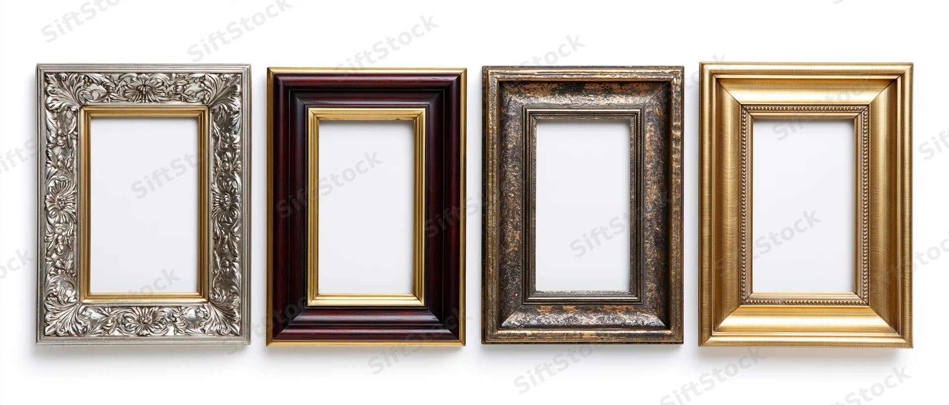 Four ornate antique picture frames arranged side by side on white background