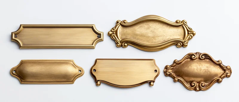 Five ornate brass nameplates arranged on a plain white background