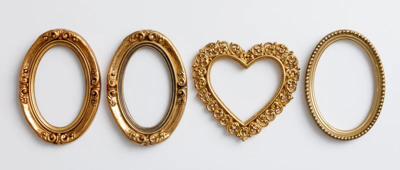 Four ornate gold picture frames arranged in a row on a white background