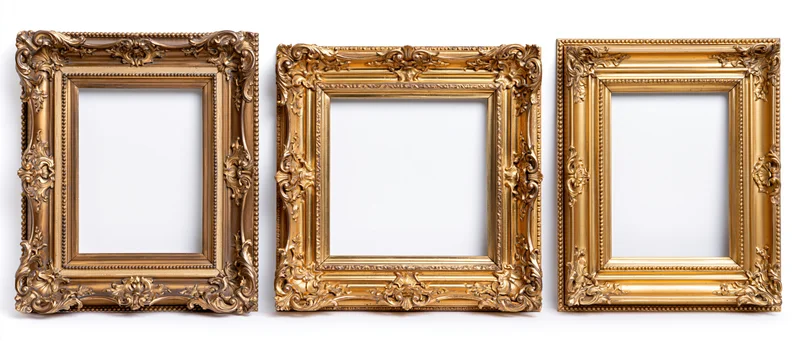 Three ornate gold picture frames arranged side by side on white background