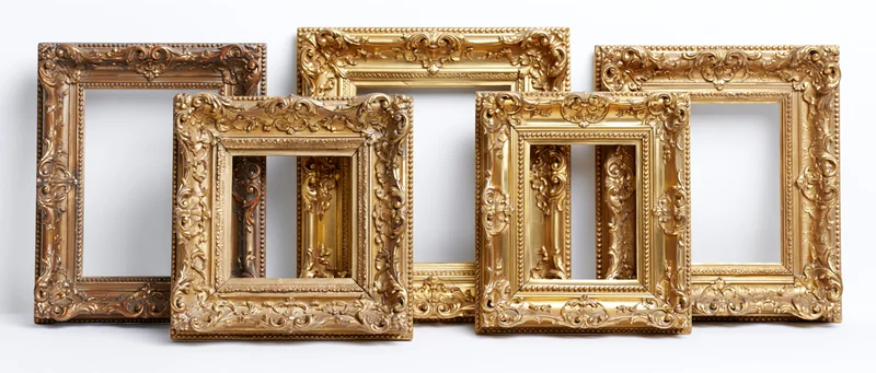 Ornate gold picture frames arranged side by side against a white background