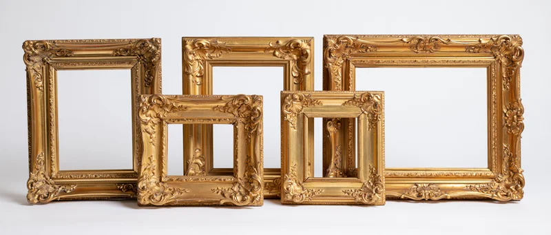 Five ornate gold picture frames arranged side by side on a white background