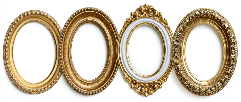 Four ornate oval picture frames arranged in a row against a white background
