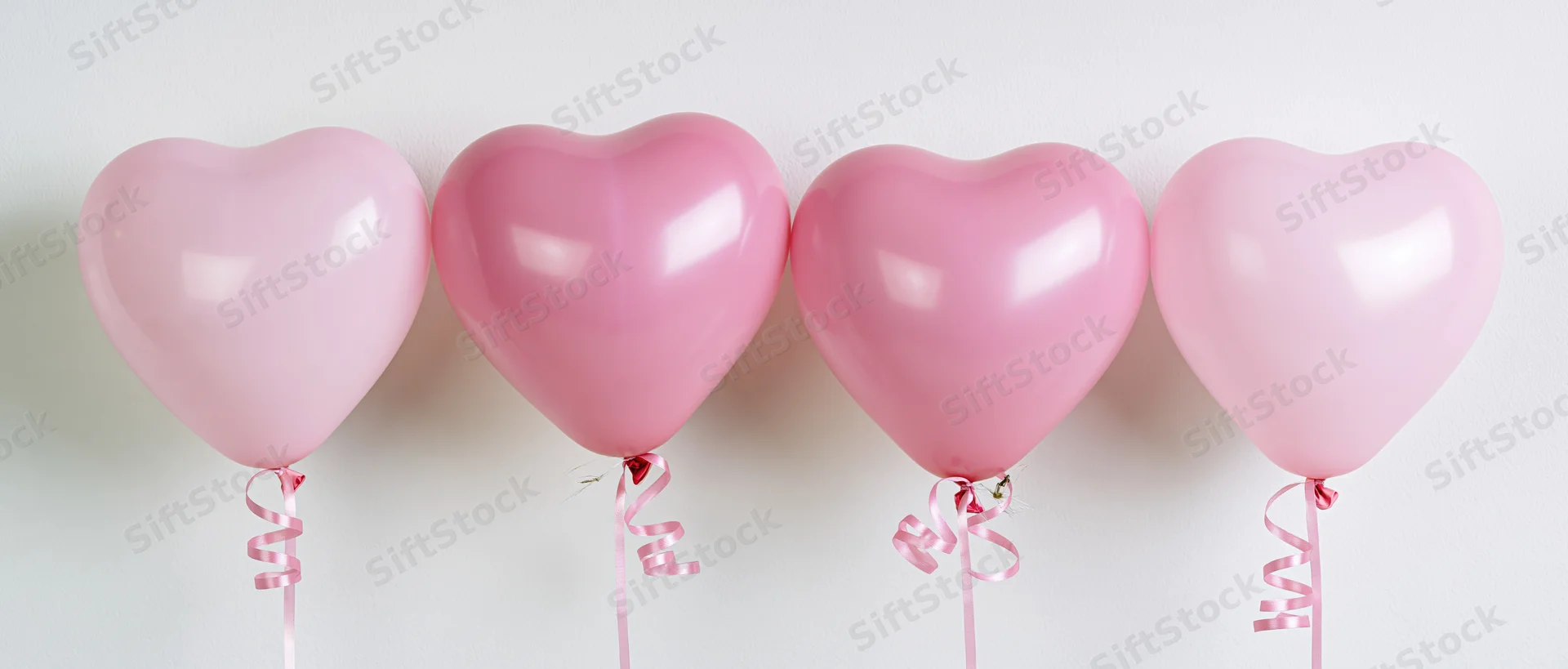Four pink heart-shaped balloons arranged in a row against a white background