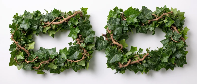 Two ivy wreaths shaped as rectangular frames on a white surface