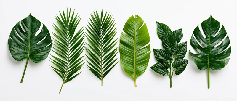 Tropical leaves arranged in a flat lay on a white background