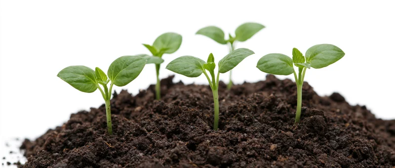 Four green seedlings in growth sequence emerging from soil against white background