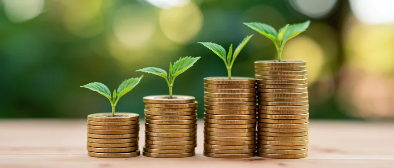 Four stacks of gold coins with growing plants on top arranged in ascending height on a wooden table outdoors