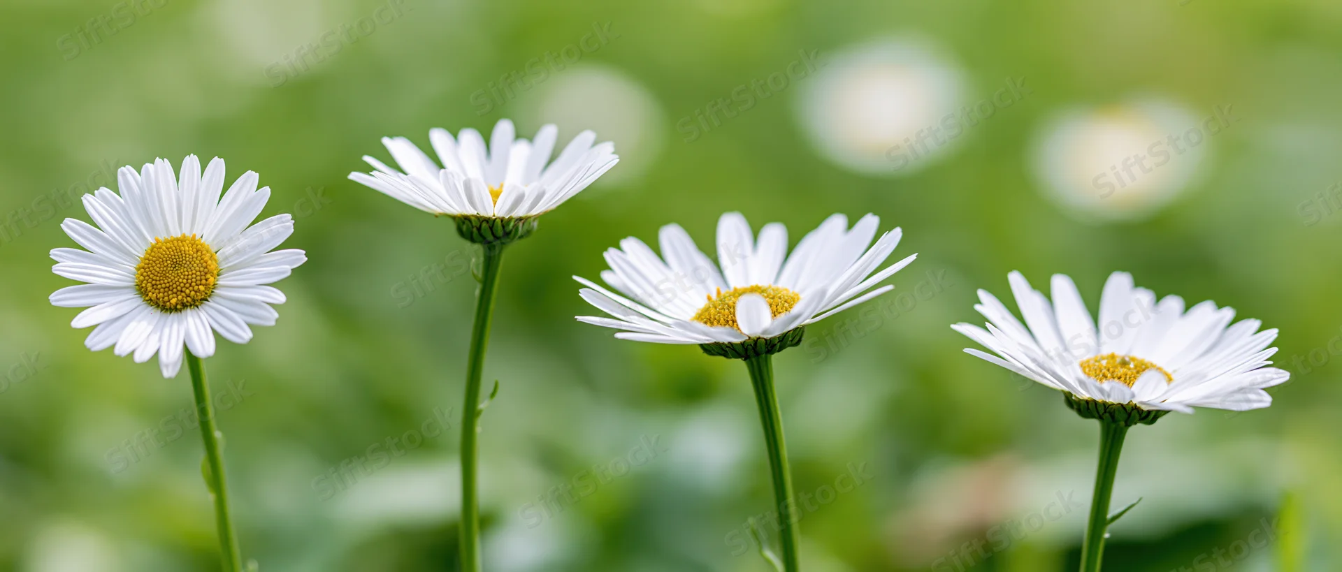 Four white daisies in bloom on green stems against a soft blurred garden background